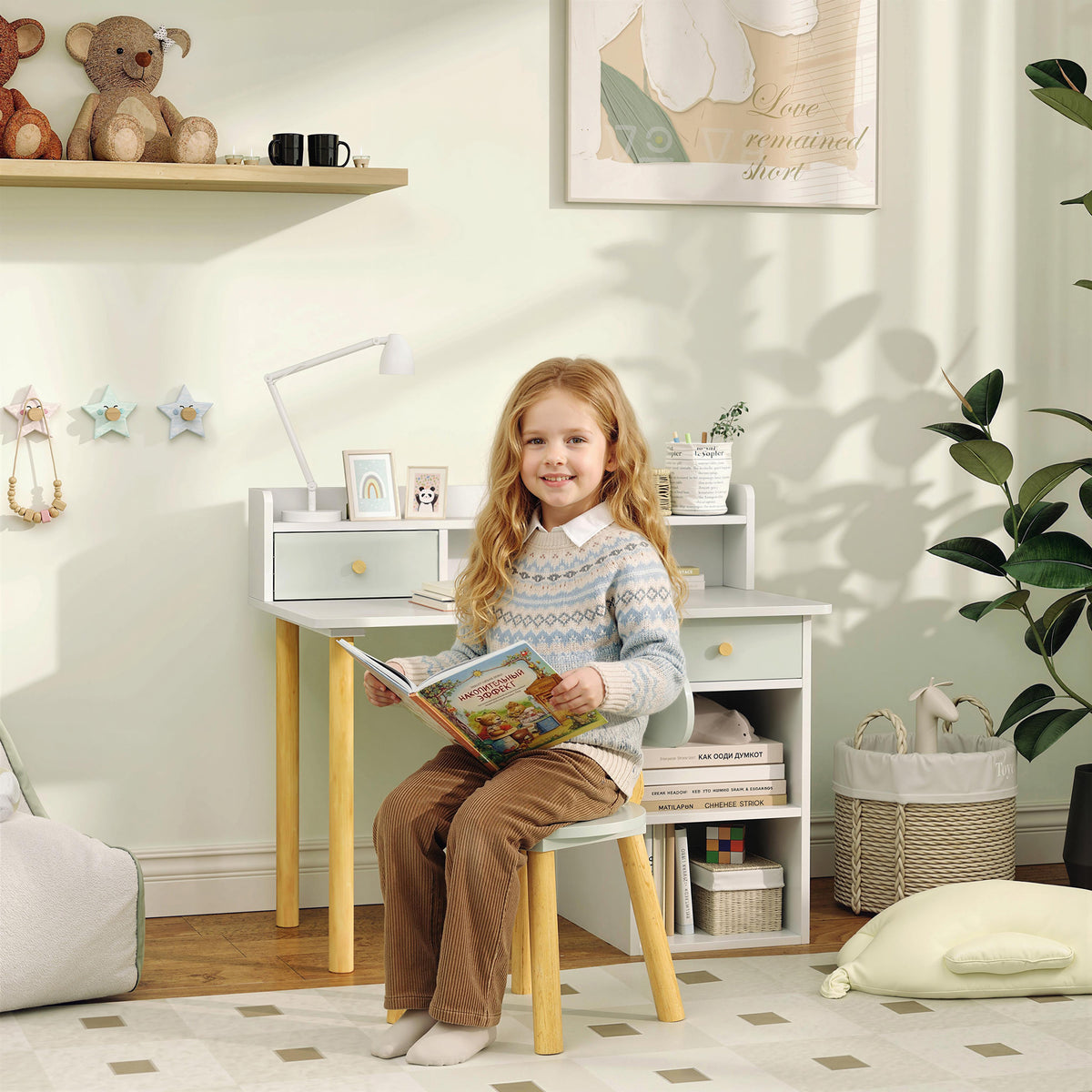 AIYAPLAY Two-Piece Children Study Table with Hutch, Kids Desk and Chair Set with Storage, Drawer, Shelves, Green