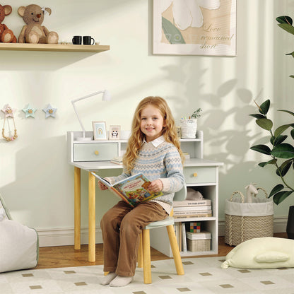 AIYAPLAY Two-Piece Children Study Table with Hutch, Kids Desk and Chair Set with Storage, Drawer, Shelves, Green