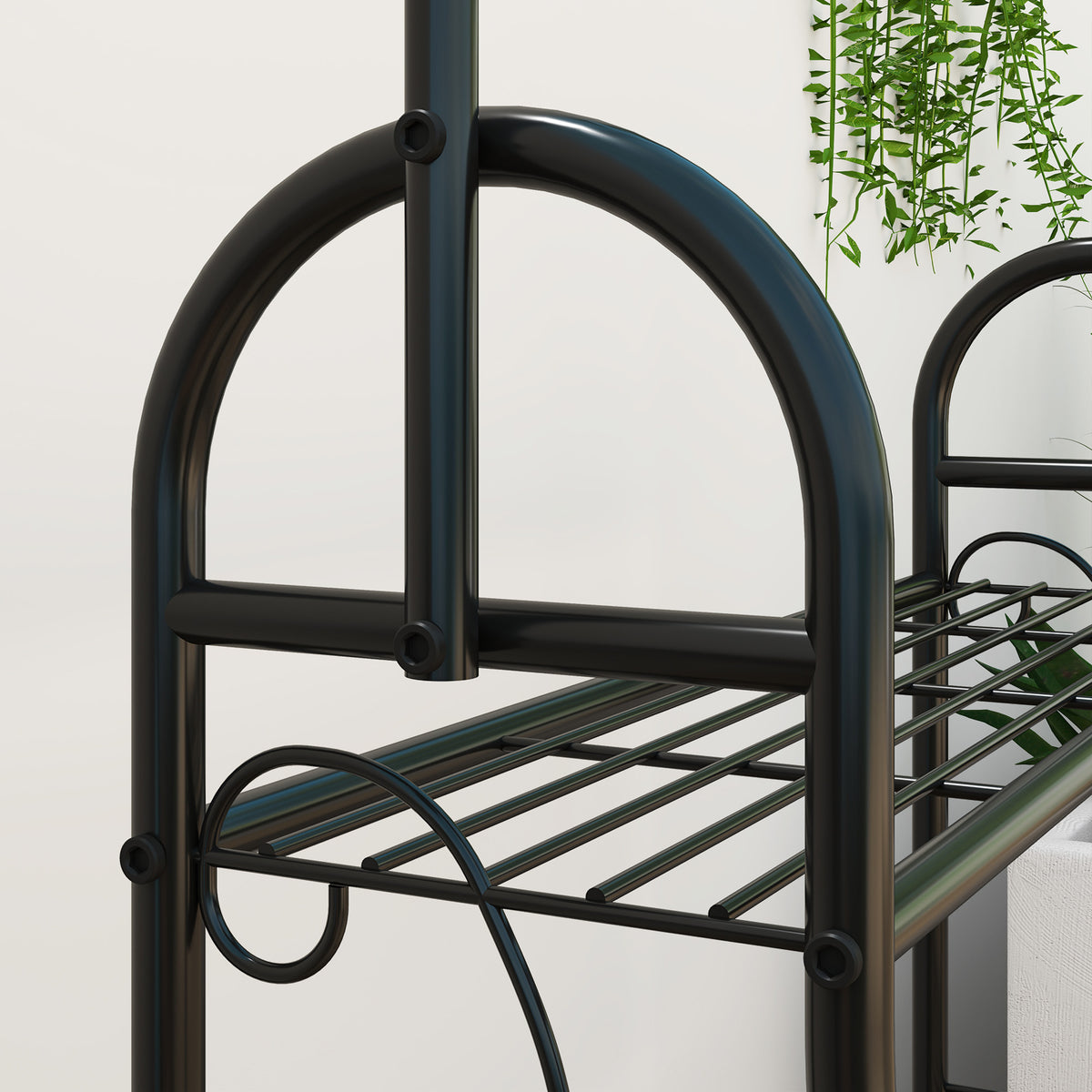 Outsunny 3 Tier Plant Stand with Hanging Rod and Hooks, Metal Plant Rack Shelf, Ladder Flower Pot for Indoor Outdoor Porch Balcony Living Room Bedroom, Black