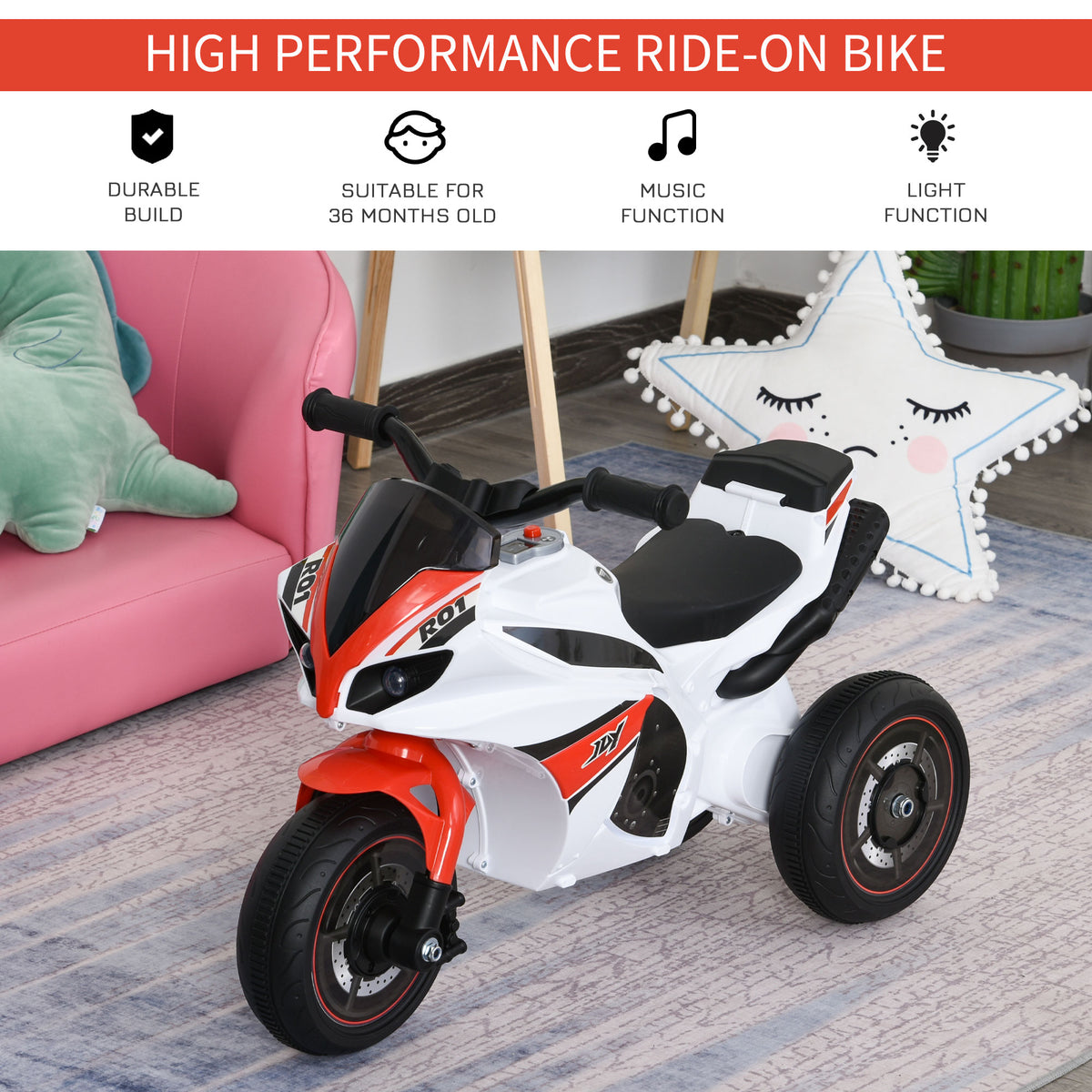 HOMCOM Kids Ride-On Police Bike 3-Wheel Vehicle w/ Music Lights Seat Handlebars Toddler NO POWER Child Learning Fun Development 18-36 Months White